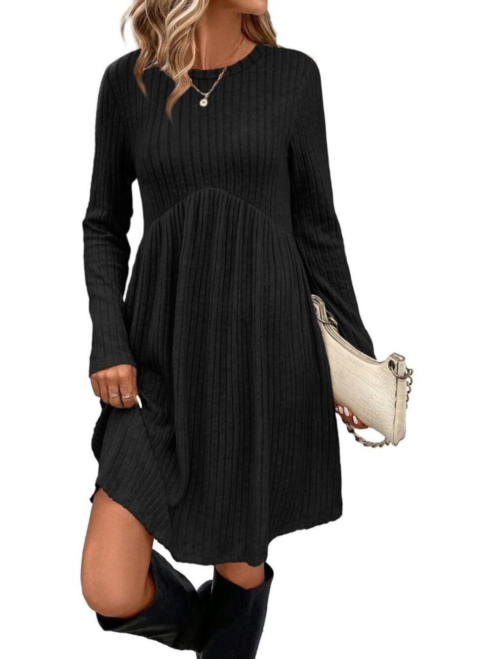 Women's Black Long Sleeve Comfortable Crew Neck Empire Waist Tunic Mini Dress